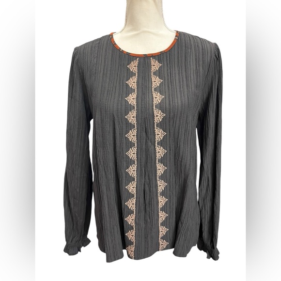 THML Embroidered Boho Blouse Medium Black Rust Leopard Back Long Sleeve Top - Picture 2 of 10